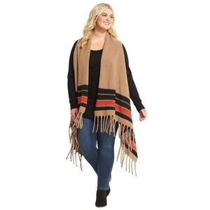 Lane Bryant Poncho Womens Tan Open Front Striped Fringe Cardigan‎ Duster Sweater